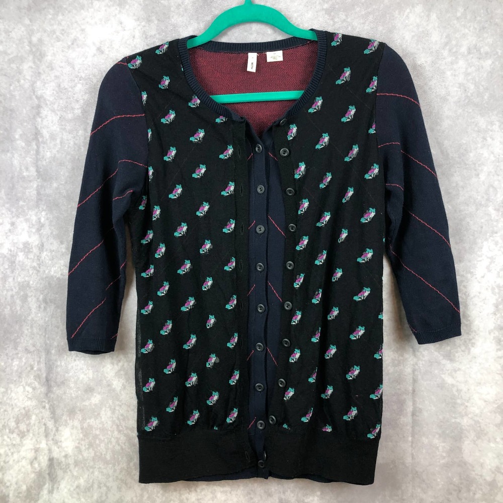 Anthropologie Moth Willy Mini Fox Cardigan Sweater Small Black Whimsical Animals